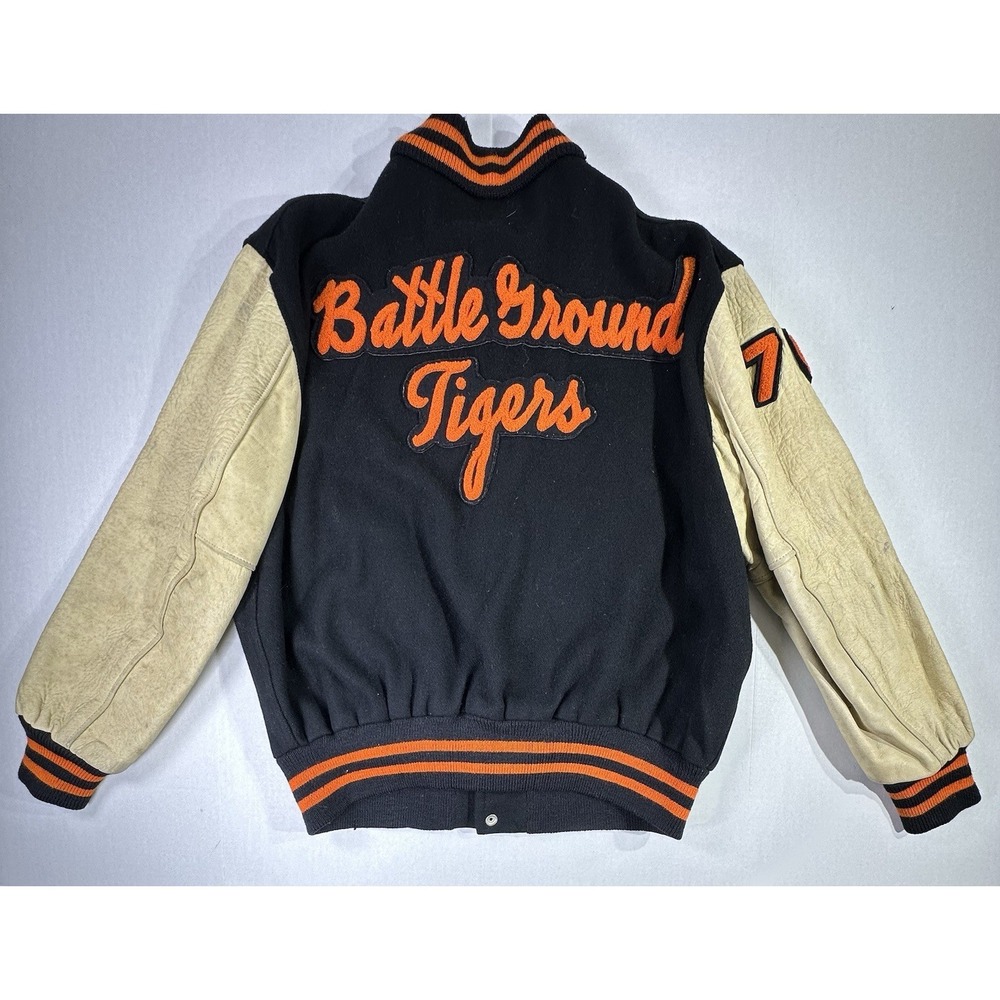 Vintage 80s Skookum Battle Ground Tigers Letterman Jacket Wool Leather BGHS 90